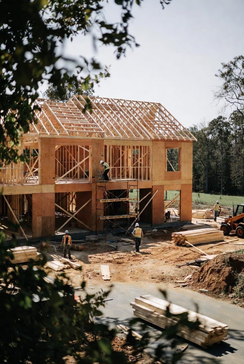 Framing stage of a custom two-story home build in rural Virginia with construction crew and equipment.