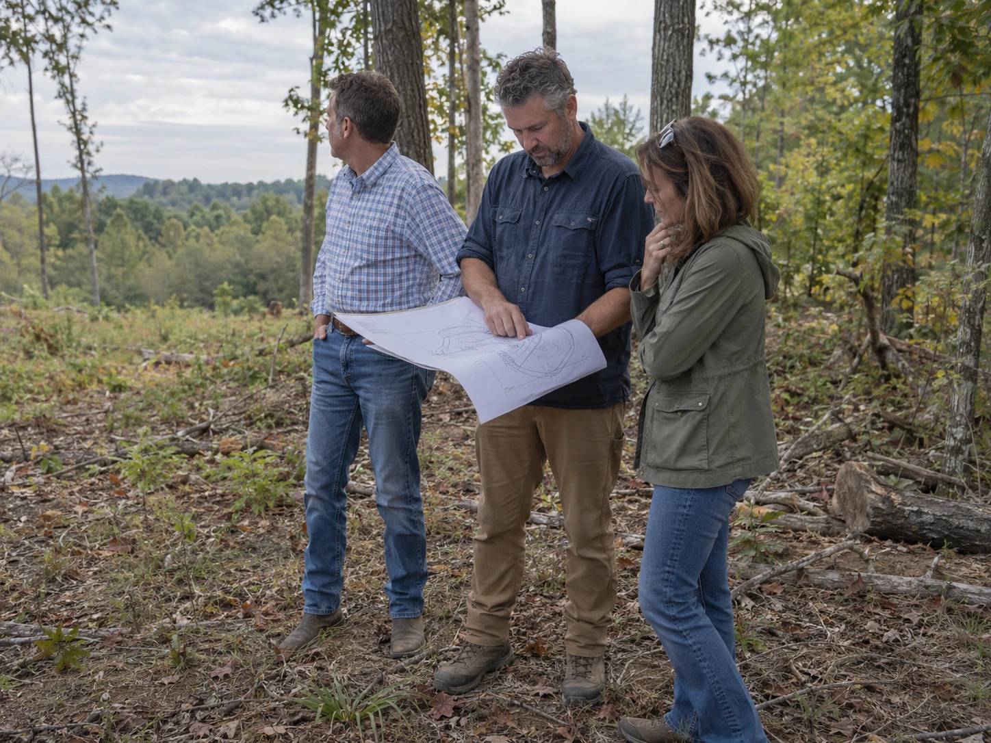 Builder reviewing a site plan with a couple